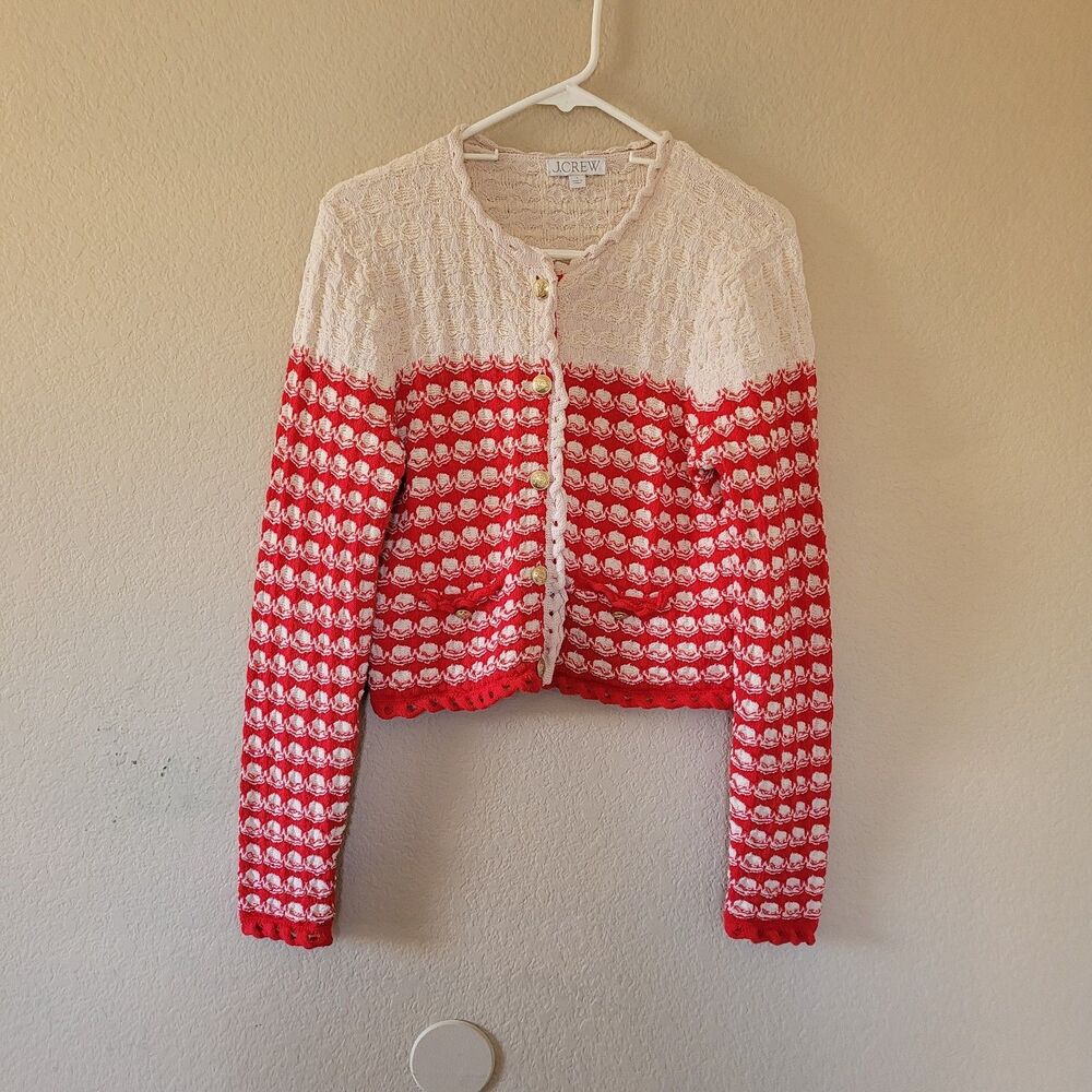 J.CREW Textured Crochet Lady Cardigan Jacket Small Red Gold Button Shabby Chic